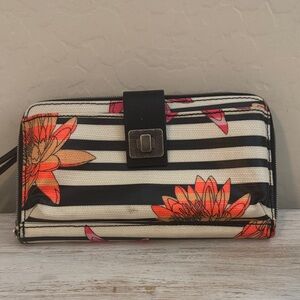 Sakroots Black & White Striped Floral Wristlet Wallet with Orange Flowers
